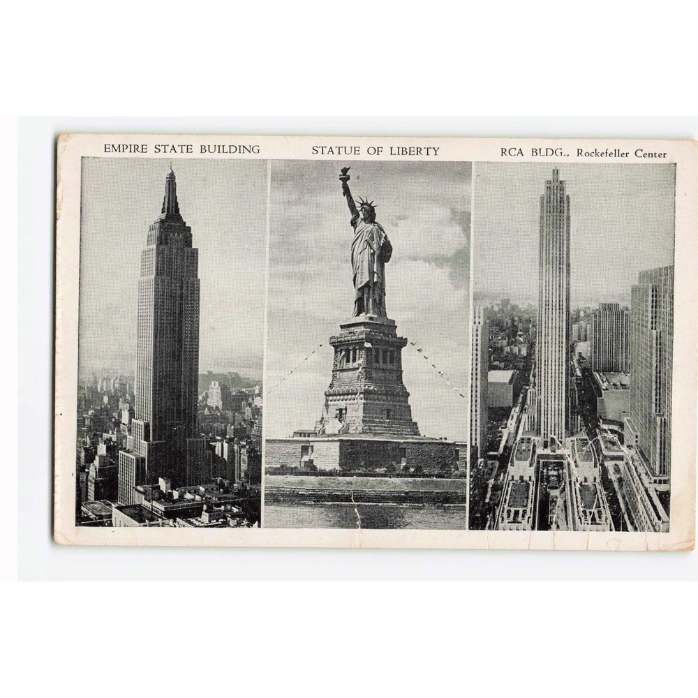 Vintage NYC Postcard Empire State Building Statue of Liberty RCA Building VG